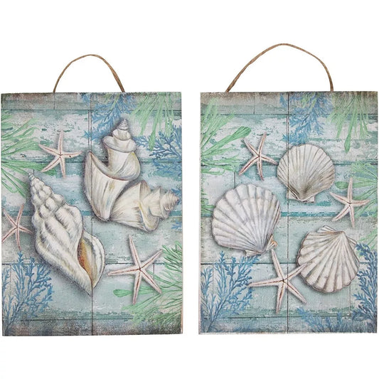 2 Small Wooden Hanging Decorations Under The Sea Seashells Design