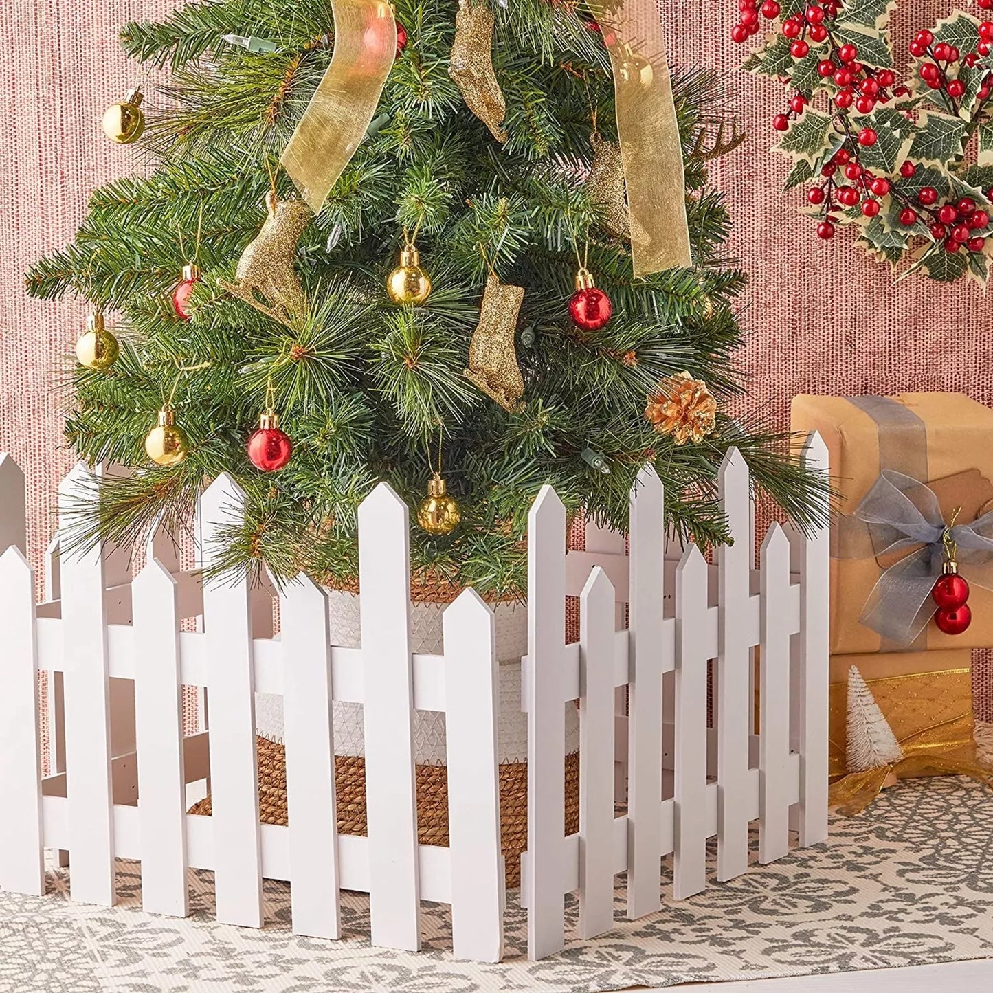 2-Piece Mini White Picket Fence for Christmas Tree