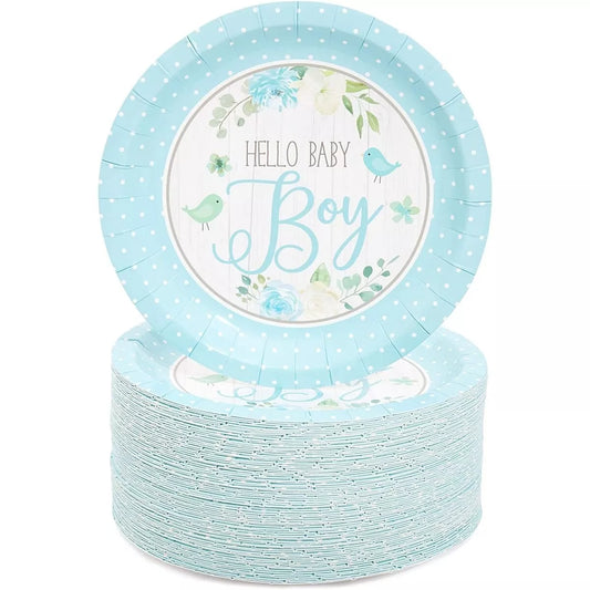 80Pcs Hello Baby Boy Disposable Paper Plates 7" for Baby Shower Cake Dessert