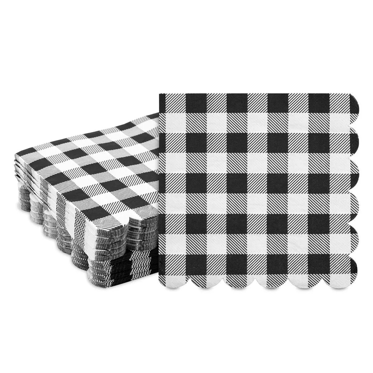 100 Black Plaid Scalloped Napkins - 6.5 x 6.5 In