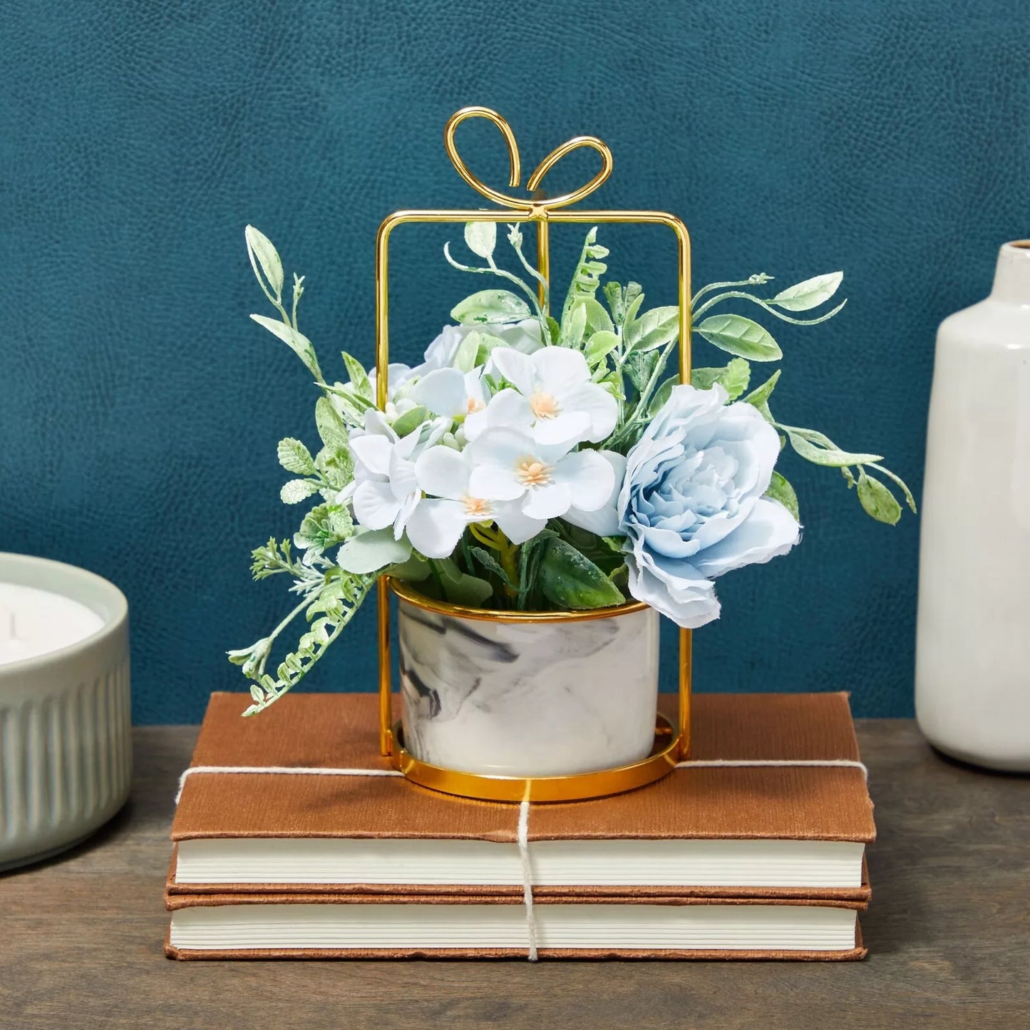 Faux Hydrangea Flowers in Ceramic Planter with Stand