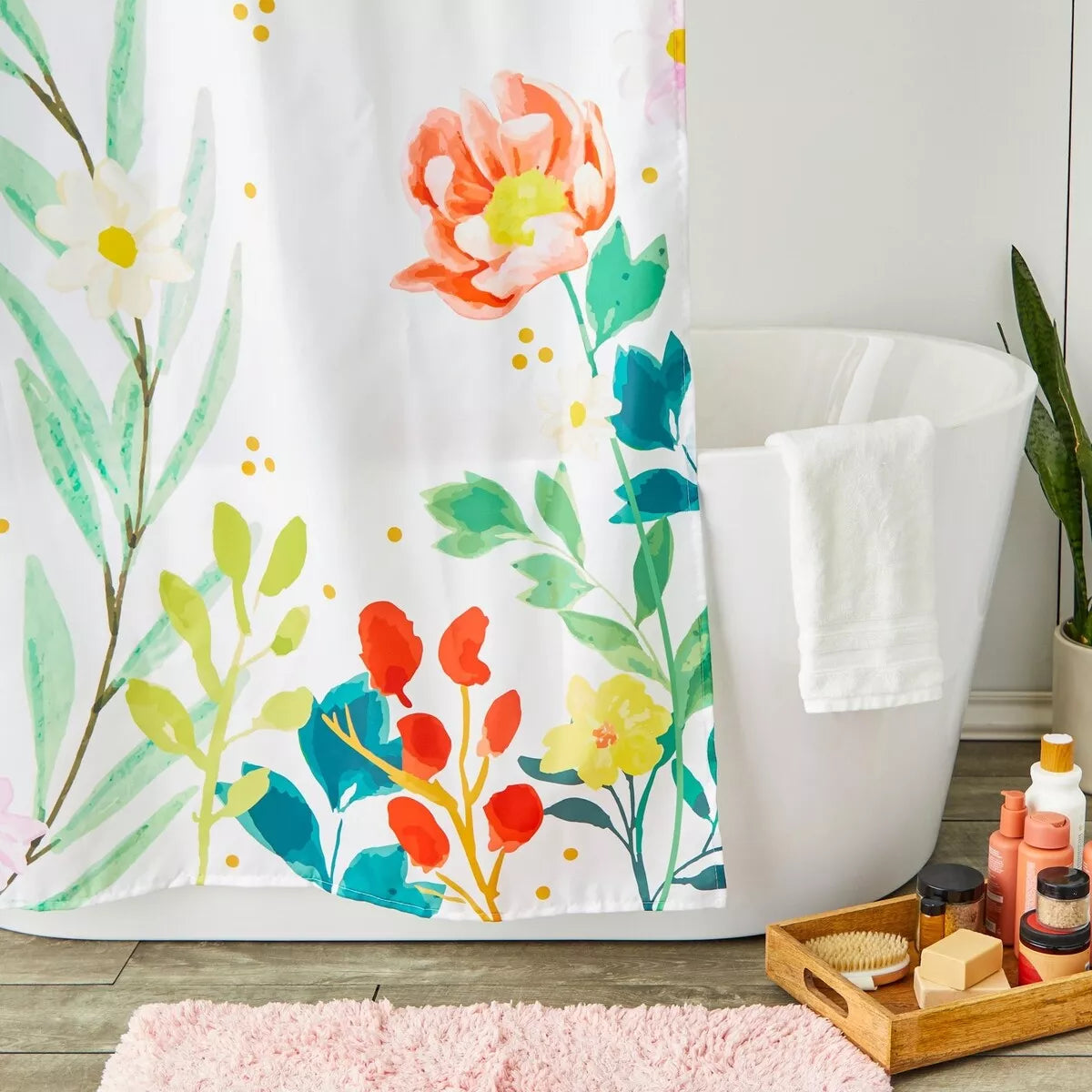 Watercolor Floral Shower Curtain with 12 Hooks