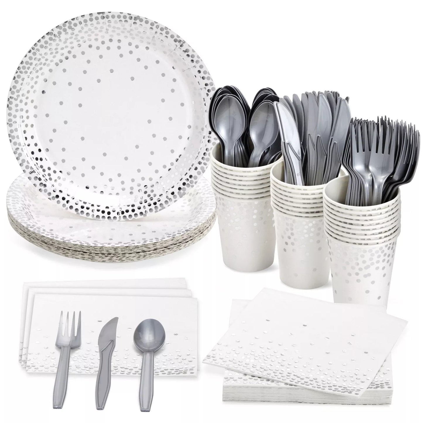 144 Silver Party Supplies - Serves 24, for Wedding and Birthday