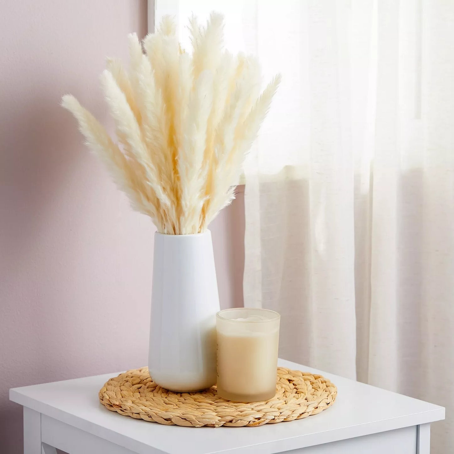 40-Pack Dried White Pampas Grass with Ceramic Vase