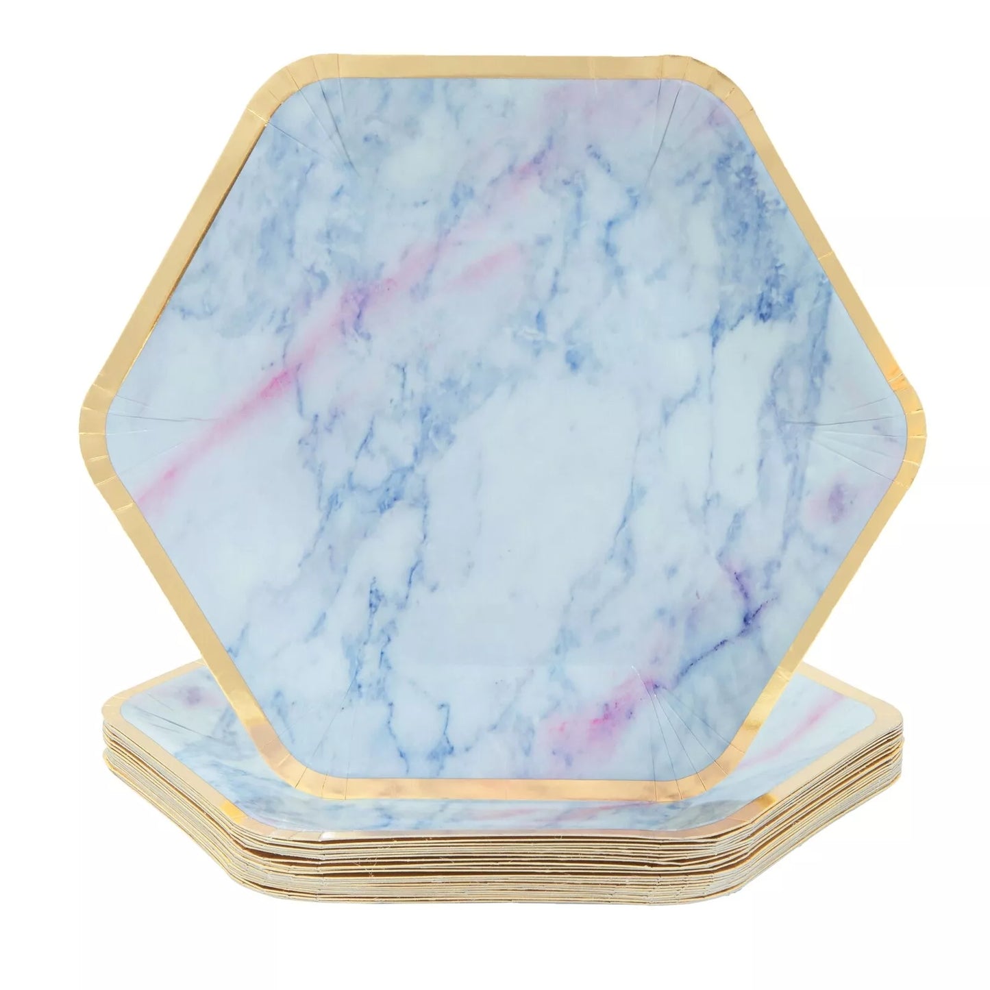 24-Count Marble with Gold Foil Edge Hexagon Disposable Plates for Birthday Party