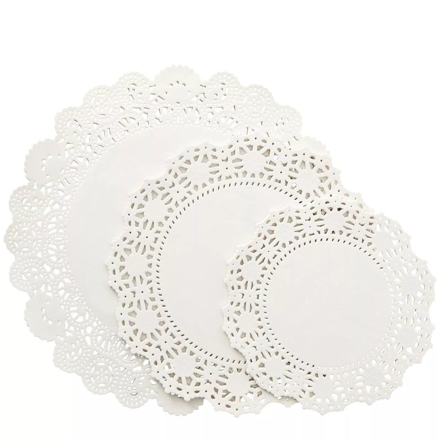 150-Pack Round White Paper Doilies - 6.5, 8.5, and 10.5 Inches