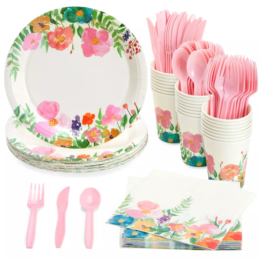 Floral Tea Party Supplies, Flower Plates, Napkins, Cups, and Cutlery, Serves 24