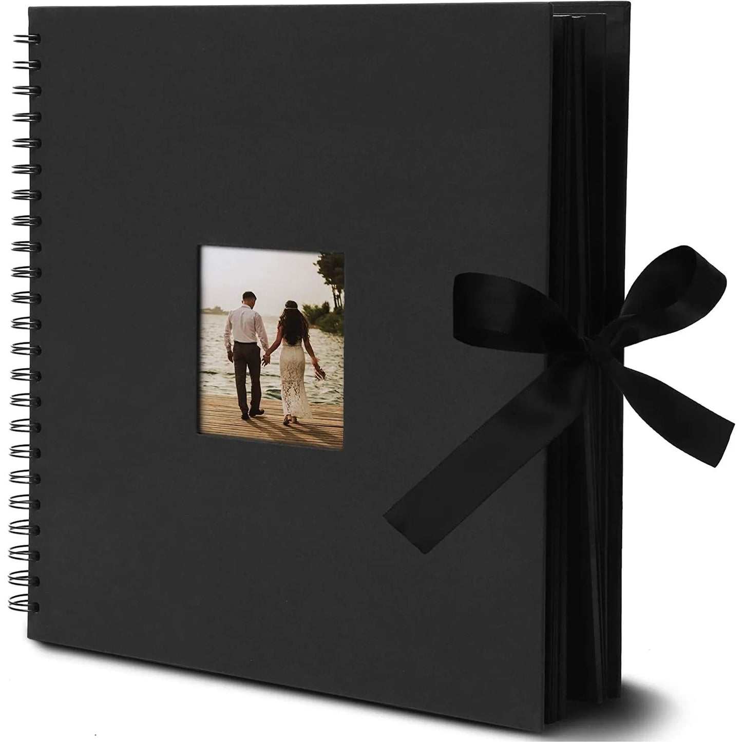 Black 12x12 Scrapbook Album with Window - Silk Ribbon, 80 Pages, for Weddings