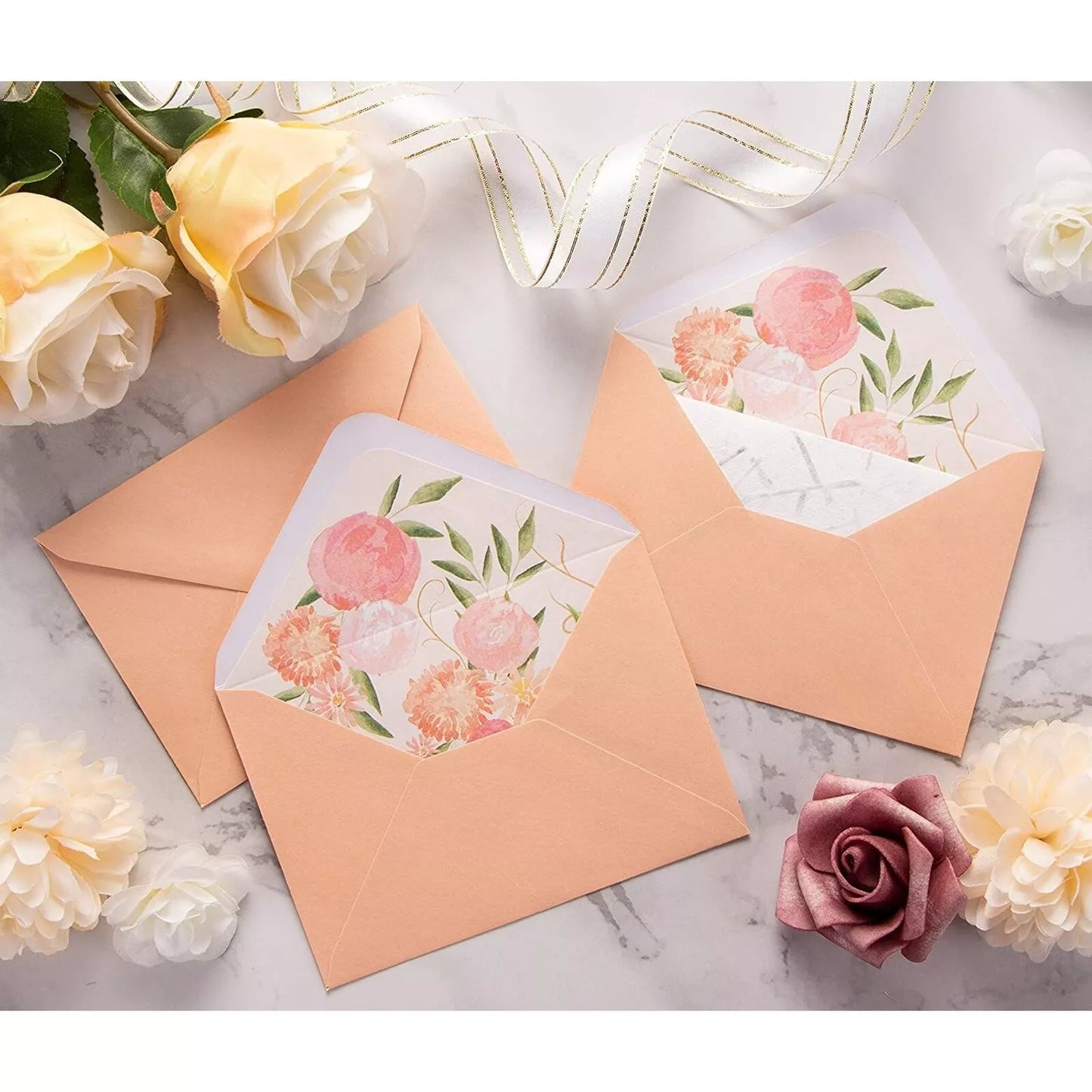 50-Pack Pink Invitation Envelopes with Watercolor Floral Lining