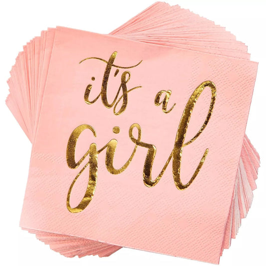 50 Pack It's a Girl Napkins for Baby Shower, Gold Foil Party Supplies, 5x5 In