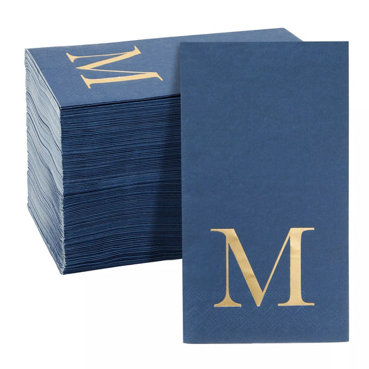 100 Pack Navy Blue Gold Foil Initial Letter M Monogram Napkins for Wedding 4x8"