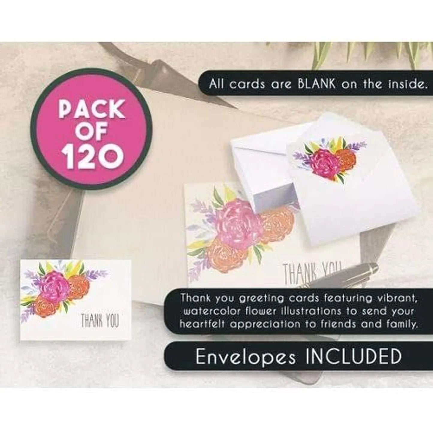 120-Pieces Watercolor Floral Thank You Cards Set