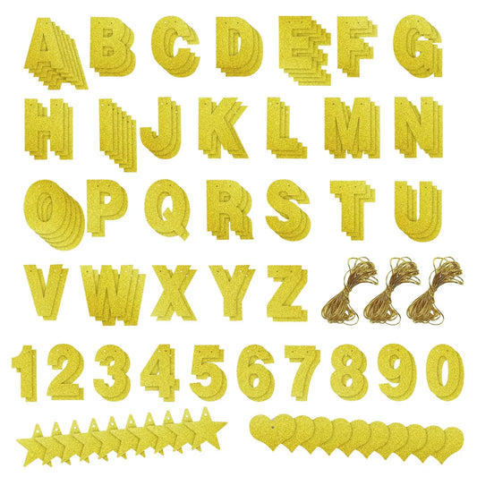 126 Pack Gold Glitter Letters, Custom Banner Kit, A-Z, 0-9, Hearts, Stars