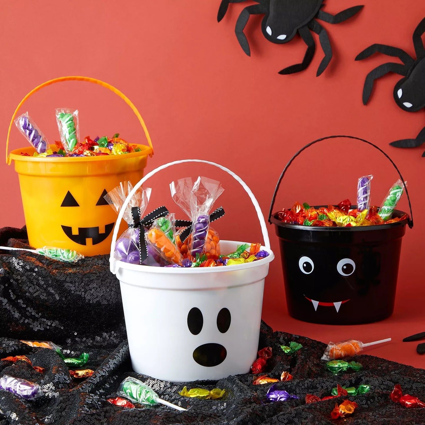 3 Pack Halloween Trick or Treat Bucket with Handle for Candy, Multicolor, 8x6 In