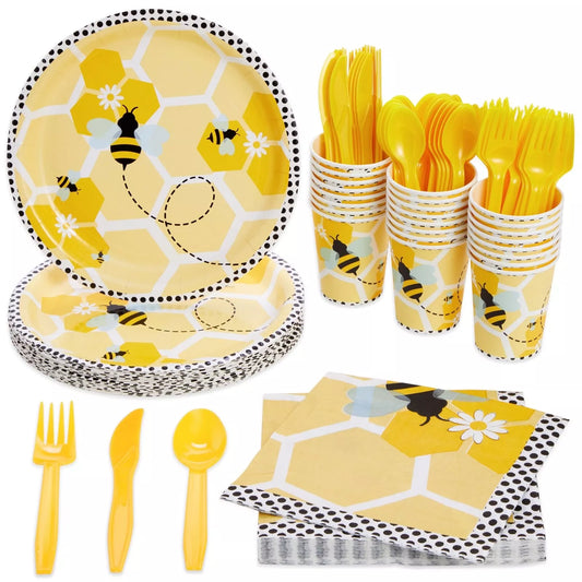 144 Piece Bumble Bee Party Supplies for Baby Shower, Gender Reveal, Serves 24