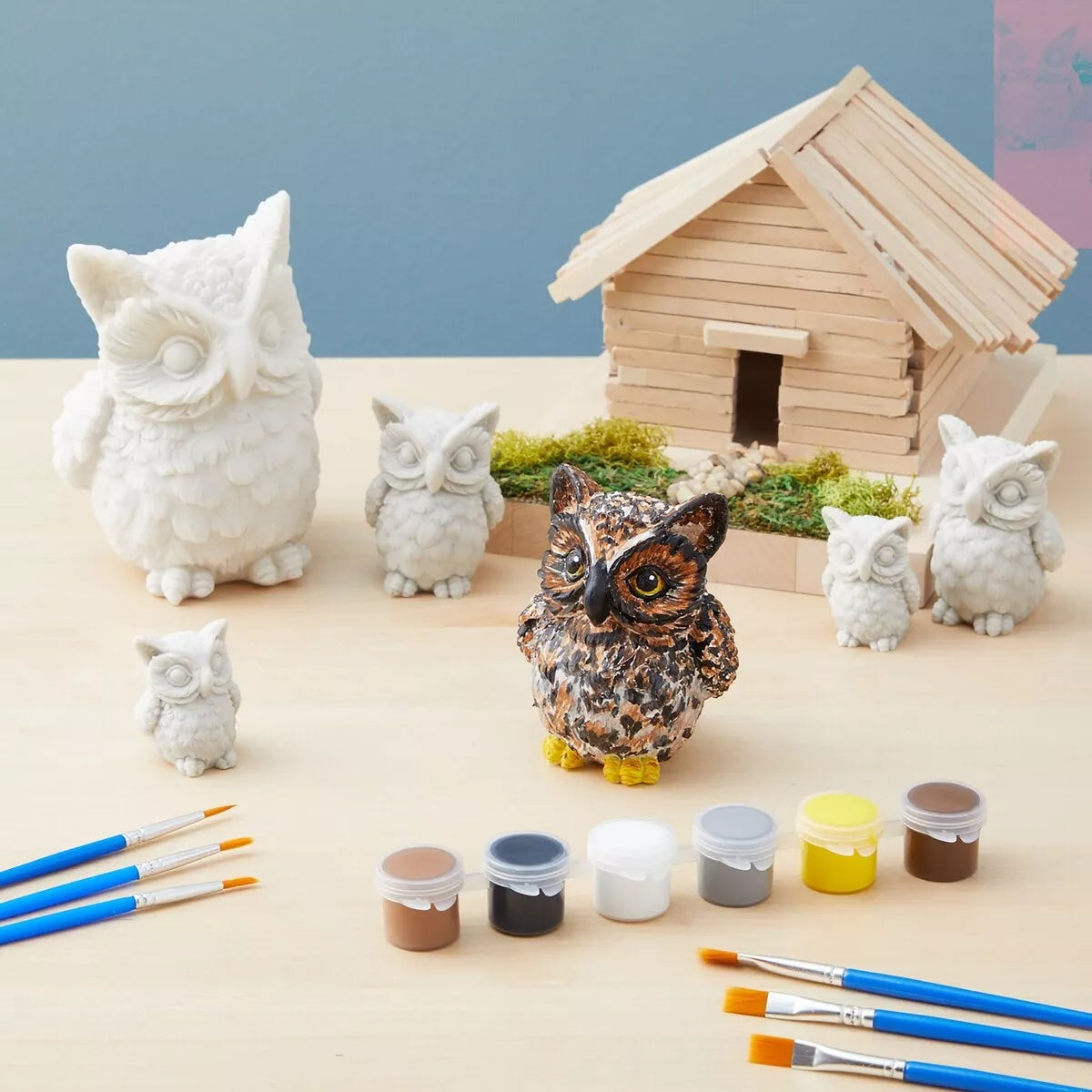 24-Piece Owl Rock Painting Kit with Paint Pods, Brushes, and Figurines