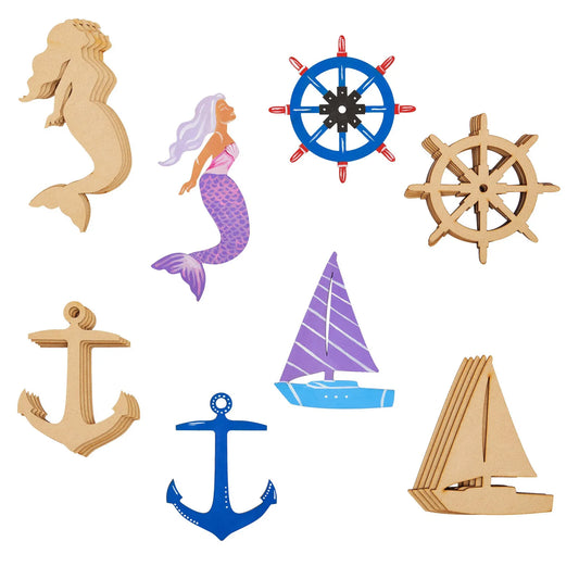 24 Pack Nautical Wooden Cutouts - Sailboat, Mermaid, Anchor, Wheel