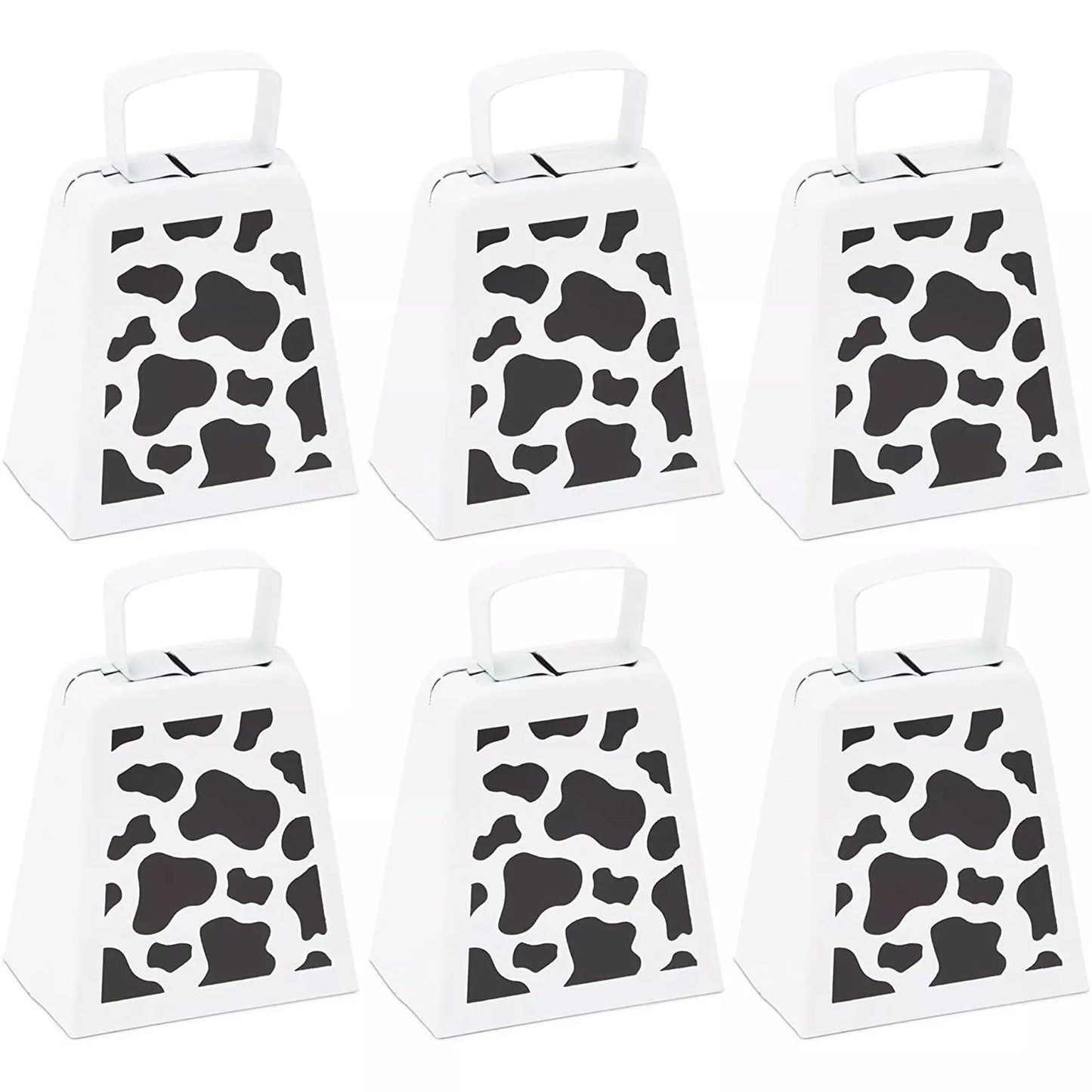 6 Pack Cow Bells with Handles - 4 Inches, Cow Print Noise Makers