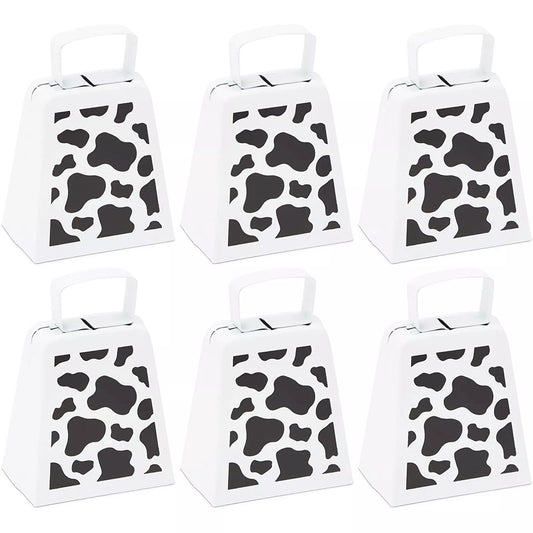 6 Pack Cow Bells with Handles - 4 Inches, Cow Print Noise Makers