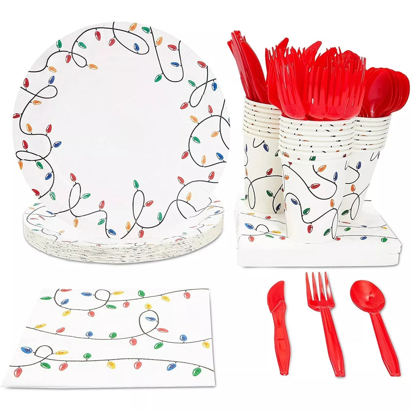 24x Christmas Light Decor Dinnerware Sets with Paper Plates Cutlery Cups Napkins