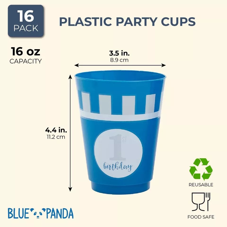 16x Plastic 16 oz Party Cups 1st Birthday Reusable Tumblers for Kids Boys