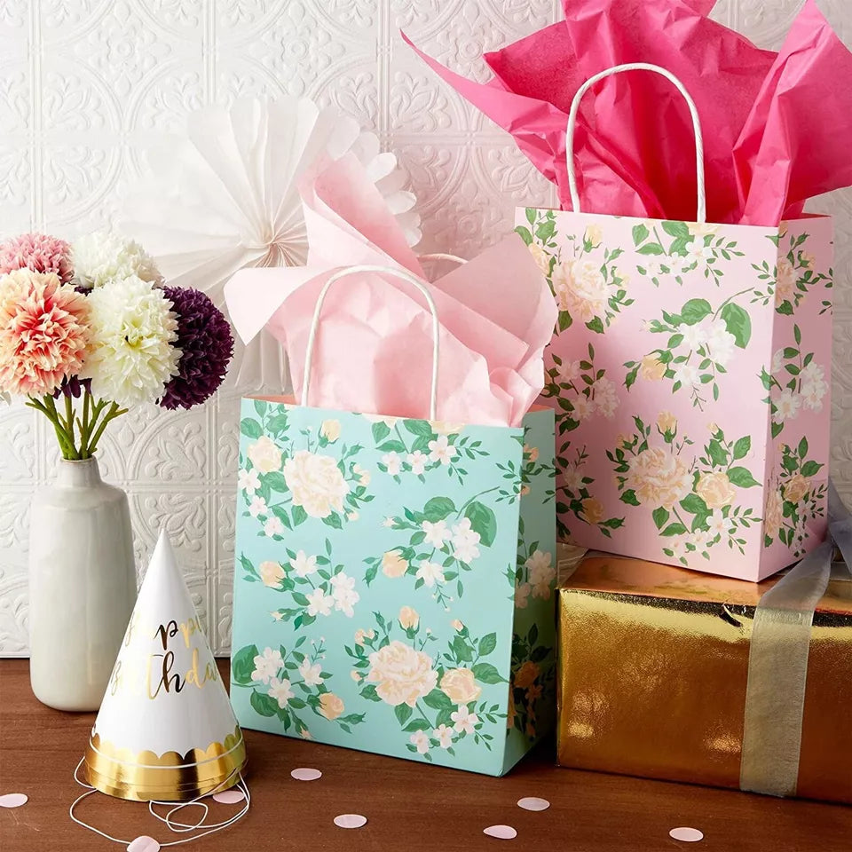 12 Pack Small Floral Kraft Gift Bags with Handles - 8 x 9 x 4 in, 4 Colors