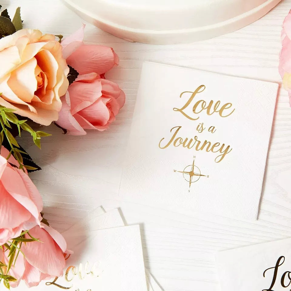 100 Wedding Cocktail Napkins - "Love is a Journey" Gold Foil, 5 x 5 in