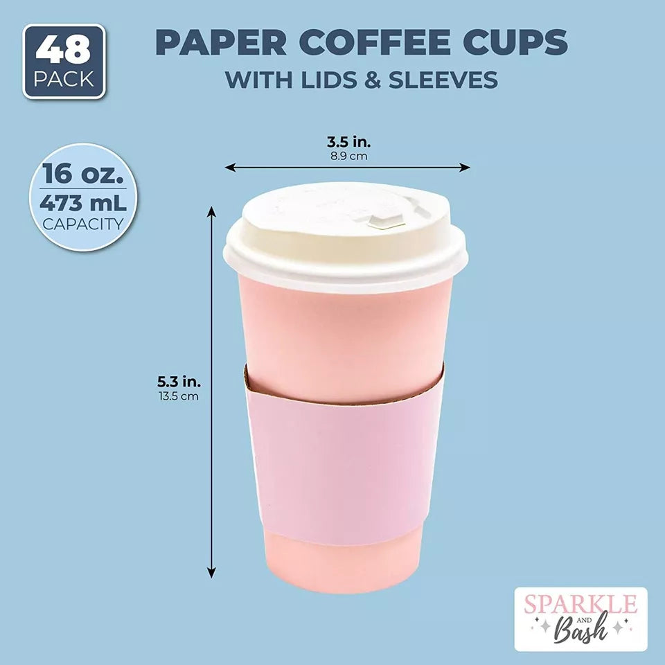 Paper Insulated Coffee Cups with Lids and Sleeves (16 oz, Blush Pink, 48 Pack)