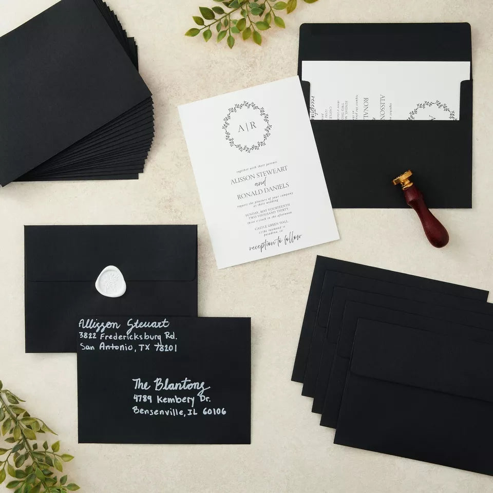 50 Pack Black 5x7 Envelopes for Invitations, Wedding, Graduation, Birthday