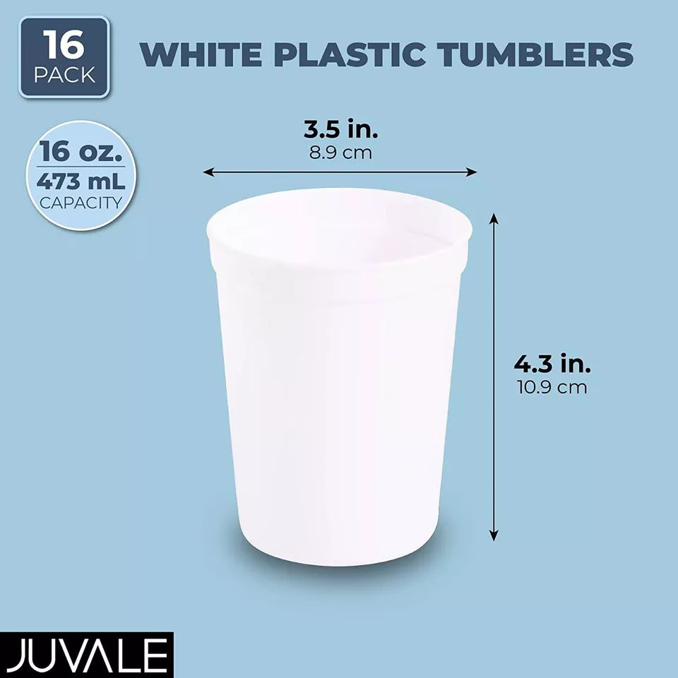 White Stadium Cups, Reusable Plastic Party Tumblers (16 oz, 16 Pack)