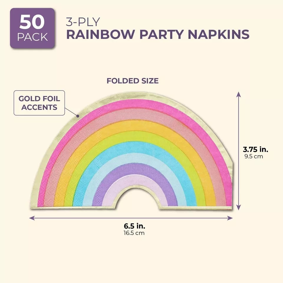 50 Rainbow Party Napkins with Gold Foil - 6.5 In, for Theme Parties and Kids Parties