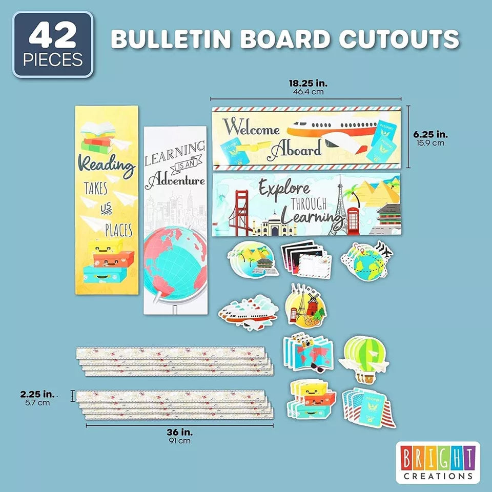 Bulletin Board Borders and Cutouts - Travel Theme Classroom Decor, 42 Pieces