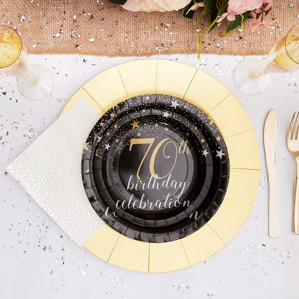 Sparkle and Bash 70th Birthday Paper Plates (80 Count), 7", Gold & Black