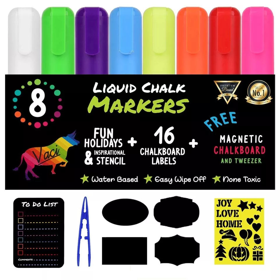 8 Multicolored Liquid Chalk Markers - Includes Magnetic Blackboard, Stencils, and Labels