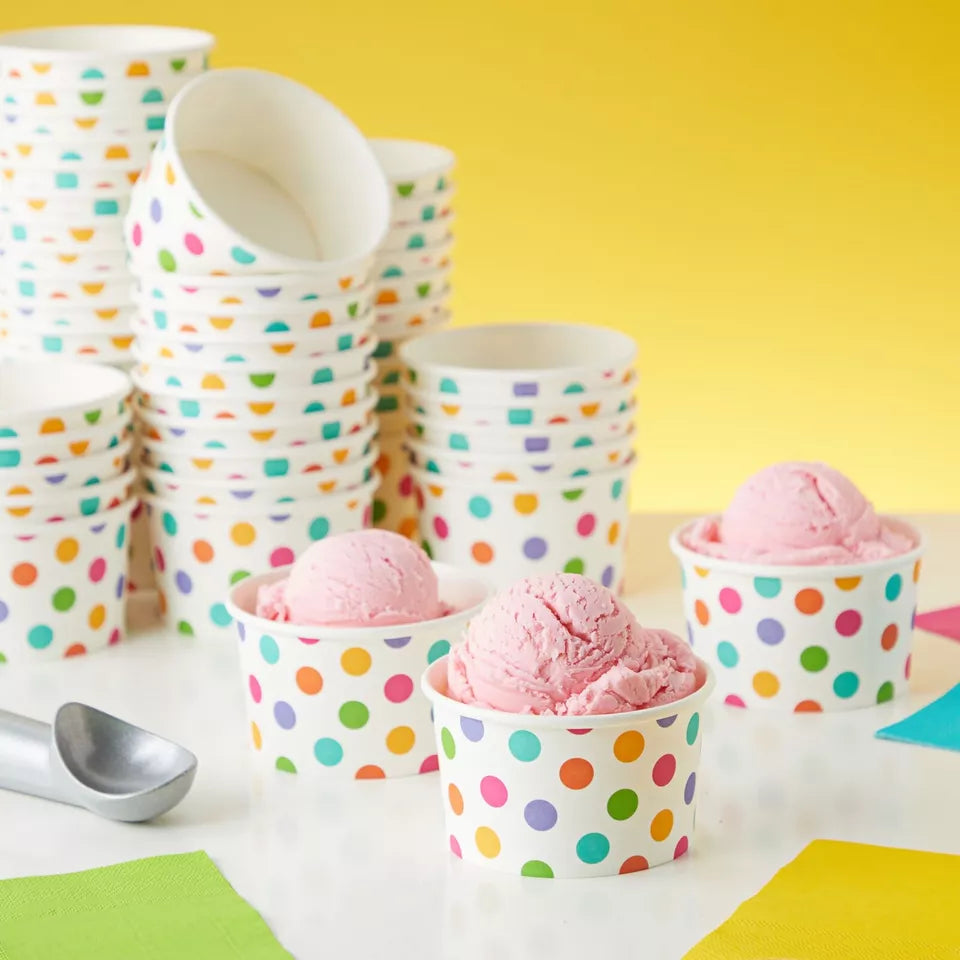 50 Pack Polka Dot Ice Cream Sundae Cups - 8 oz Disposable Frozen Dessert Bowl