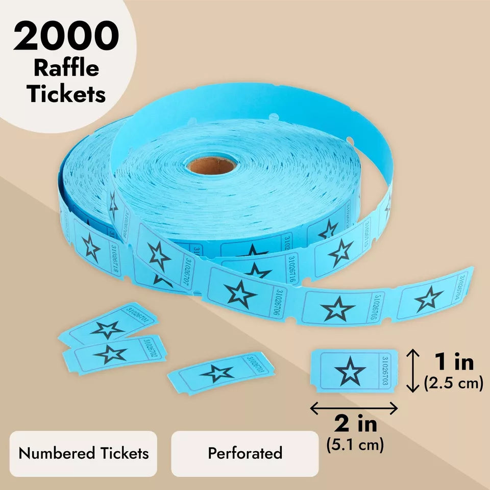 2000 Count Blue Star Raffle Tickets - 2 x 1", Single Roll