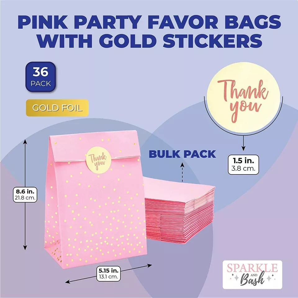 36 Pack Pink Gift Bags with Gold Stickers - 5.15 x 8.6 in