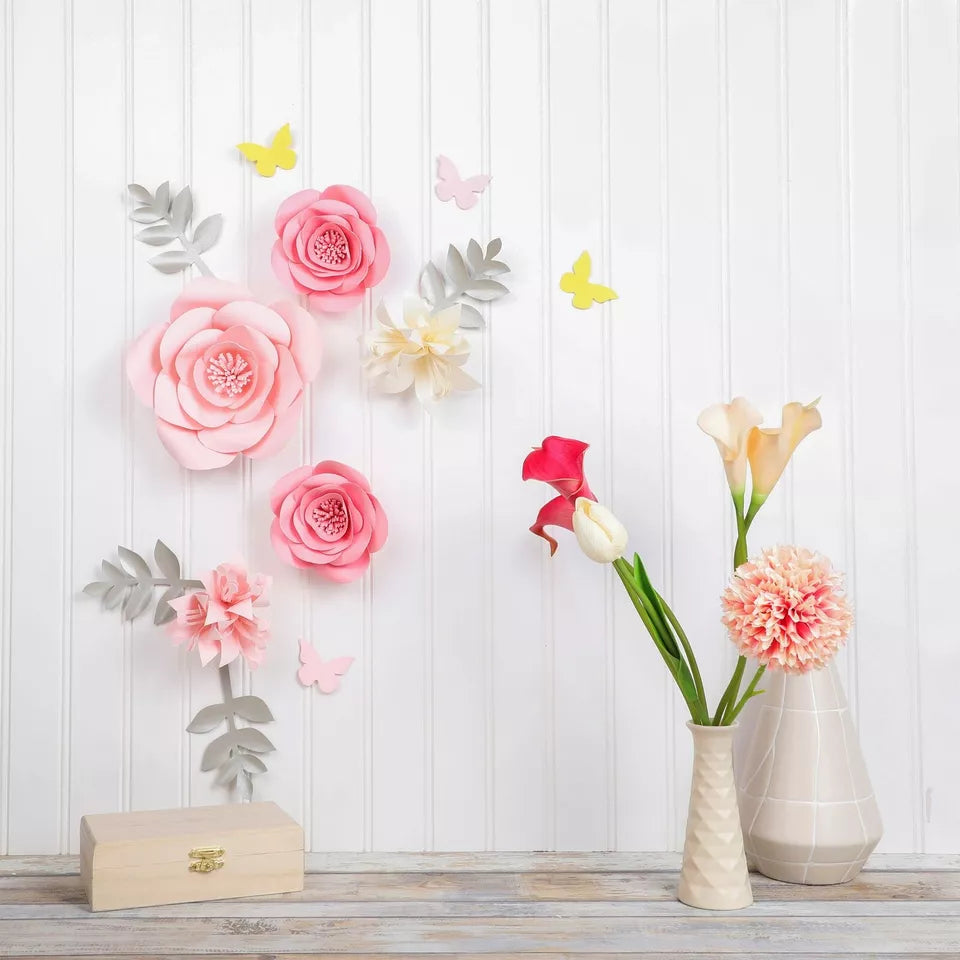 13 Pieces 3D Paper Flowers Decorations For Wall Decor, Pink Floral Ornamentation