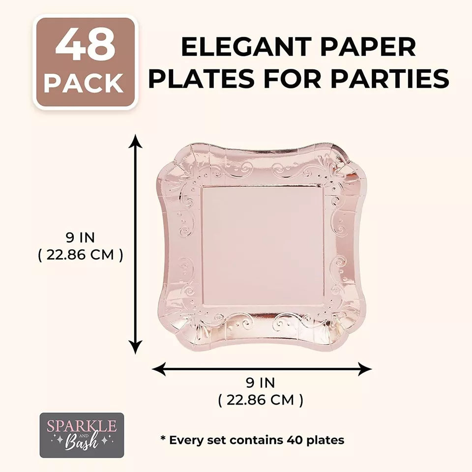 48x Square Rose Gold Paper Party Dinner Plates for Wedding Bridal Shower 9"