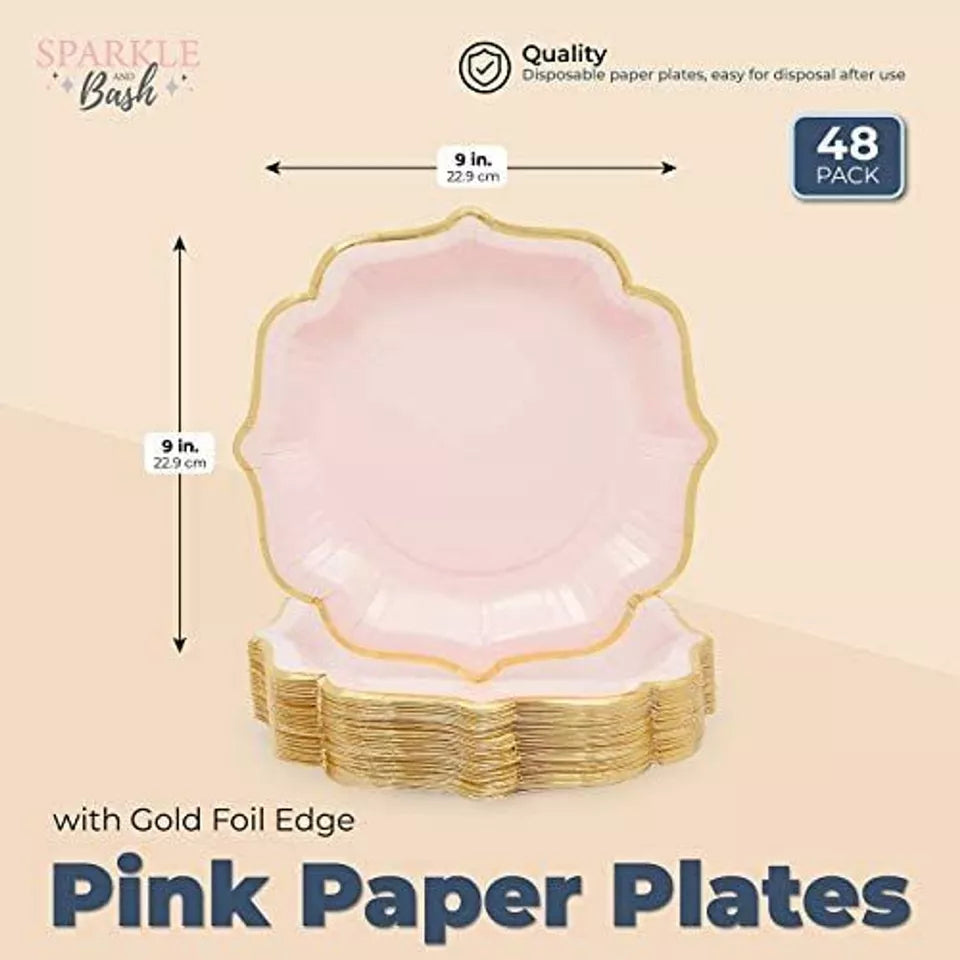 48 Pink Scalloped Paper Plates with Gold Foil Edges - 9 in