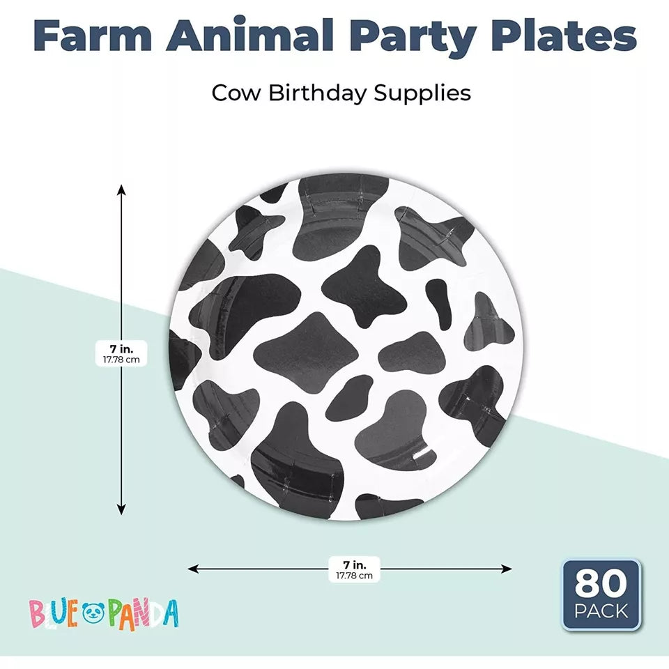 80-Pack Farm Animal Party Plates, Cow Birthday Supplies (7 In)