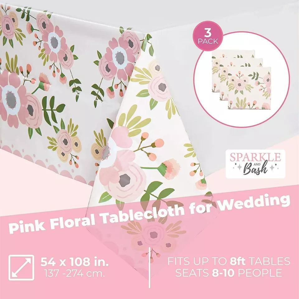 Pink Floral Plastic Tablecloth for Wedding (54 x 108 in, 3 Pack)