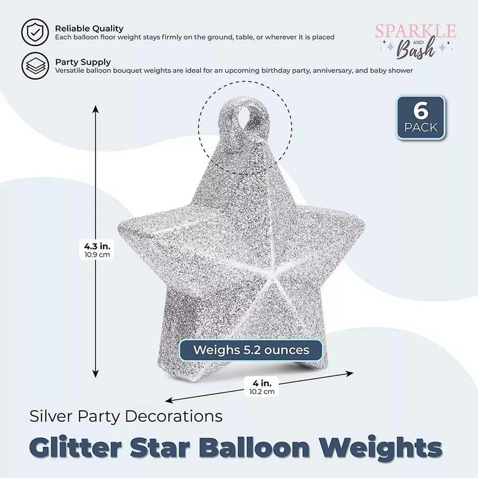 6 Glitter Star Balloon Weights - Silver, 5.2 oz