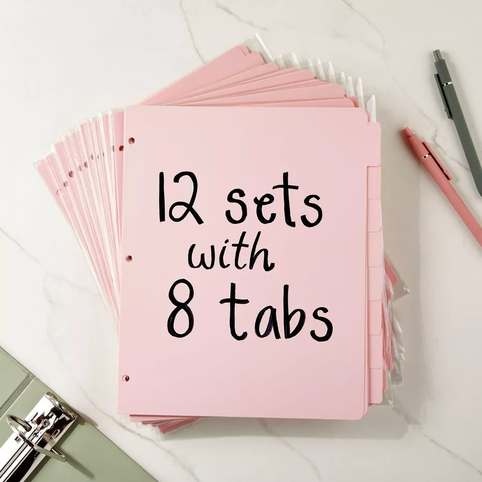 12 Sets of Pink 8-Tab Dividers for 3-Ring Binders, 96 Total Dividers, Letter Size