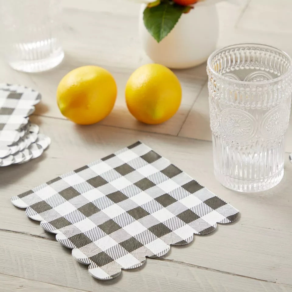 100 Black Plaid Scalloped Napkins - 6.5 x 6.5 In