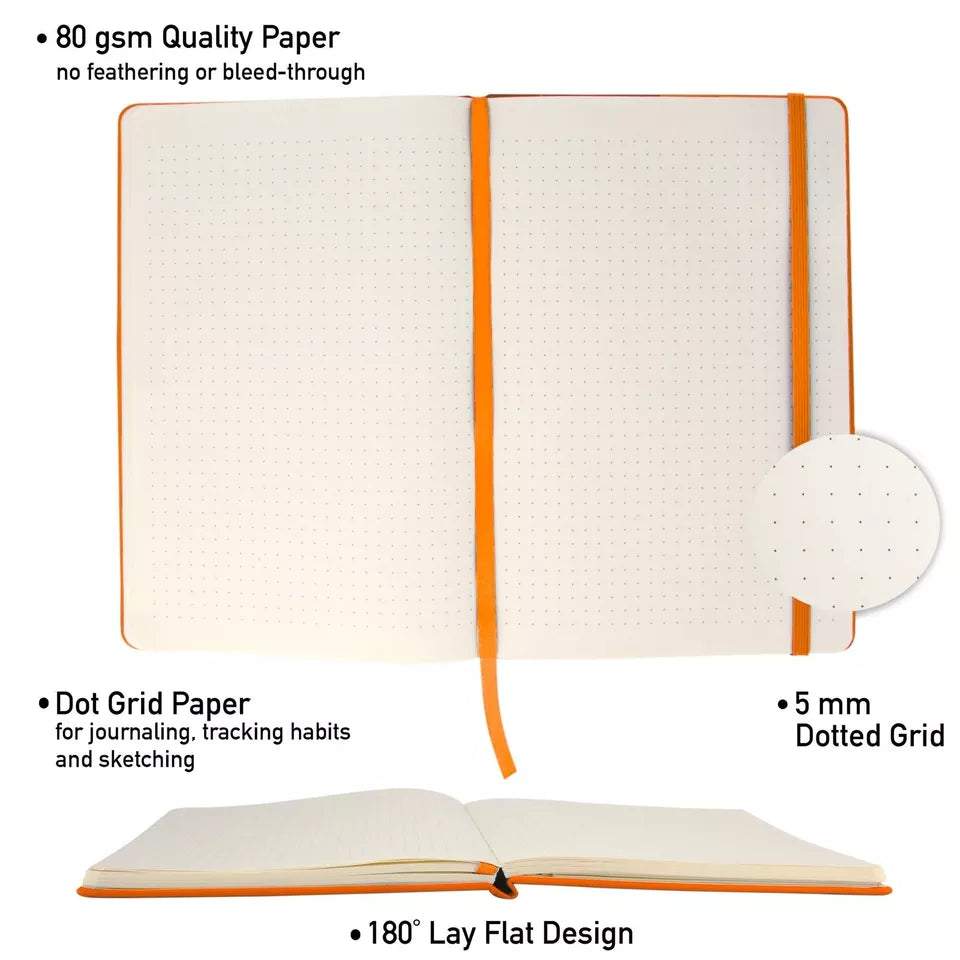 4 Pack A5 Dotted Notebooks, 5.7" x 8.4", 192 Pages Each (Orange)