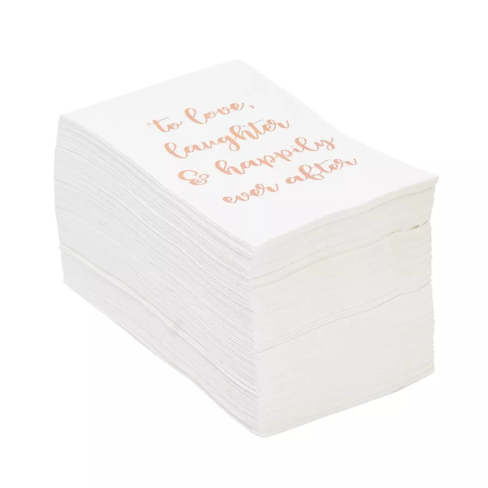 100 Wedding Napkins - "To Love, Laughter, Happily Ever After," White, 4 x 8 In