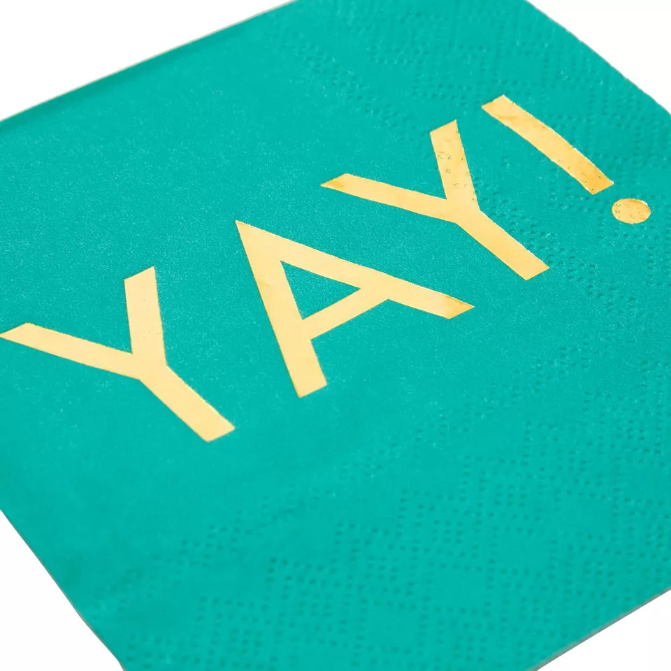 50 Pack Teal Paper Napkins with Gold Foil YAY for Party Supplies, 3-Ply, 5x5 In