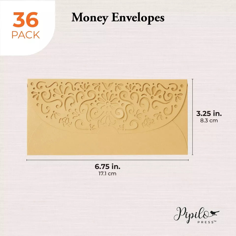 36-Pack Gold Money Envelopes - Laser Cut Holders, 6.8x3.3 Inches