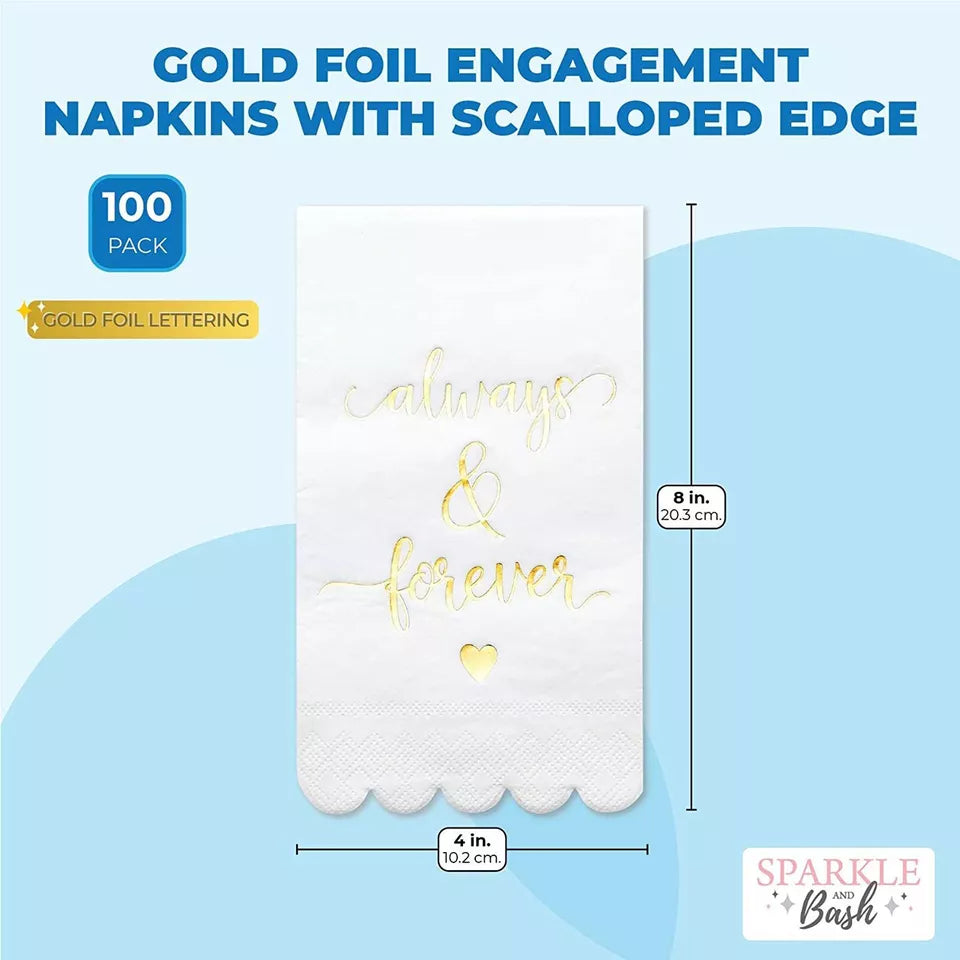 100 Pack White Wedding Napkins with Gold Scalloped Edges, 4x8"